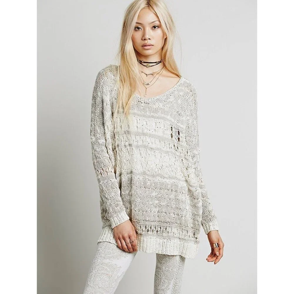 RARE NWT Free People Ivory Metallic Shimmer Slouchy On-Off Shoulder Knit Sweater